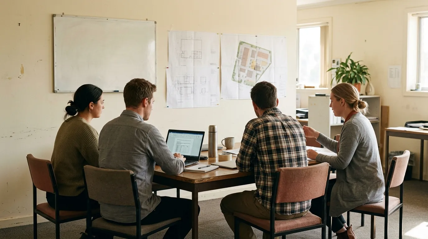 A small team in a bright office around a table with laptops and a warehouse floor plan pinned to the wall.
