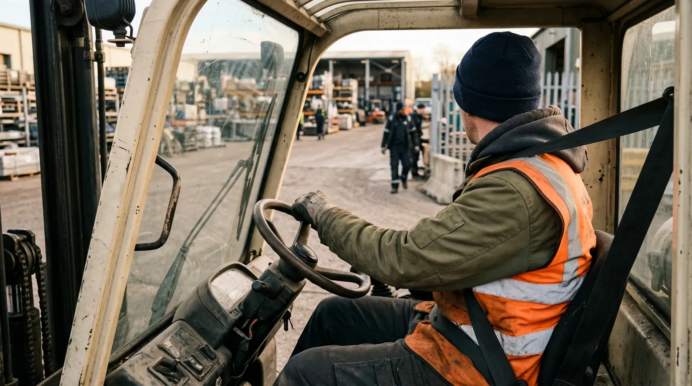 Inside a yard-truck cab from behind the driver: hands on the wheel, seatbelt fastened, the yard through the windscreen.