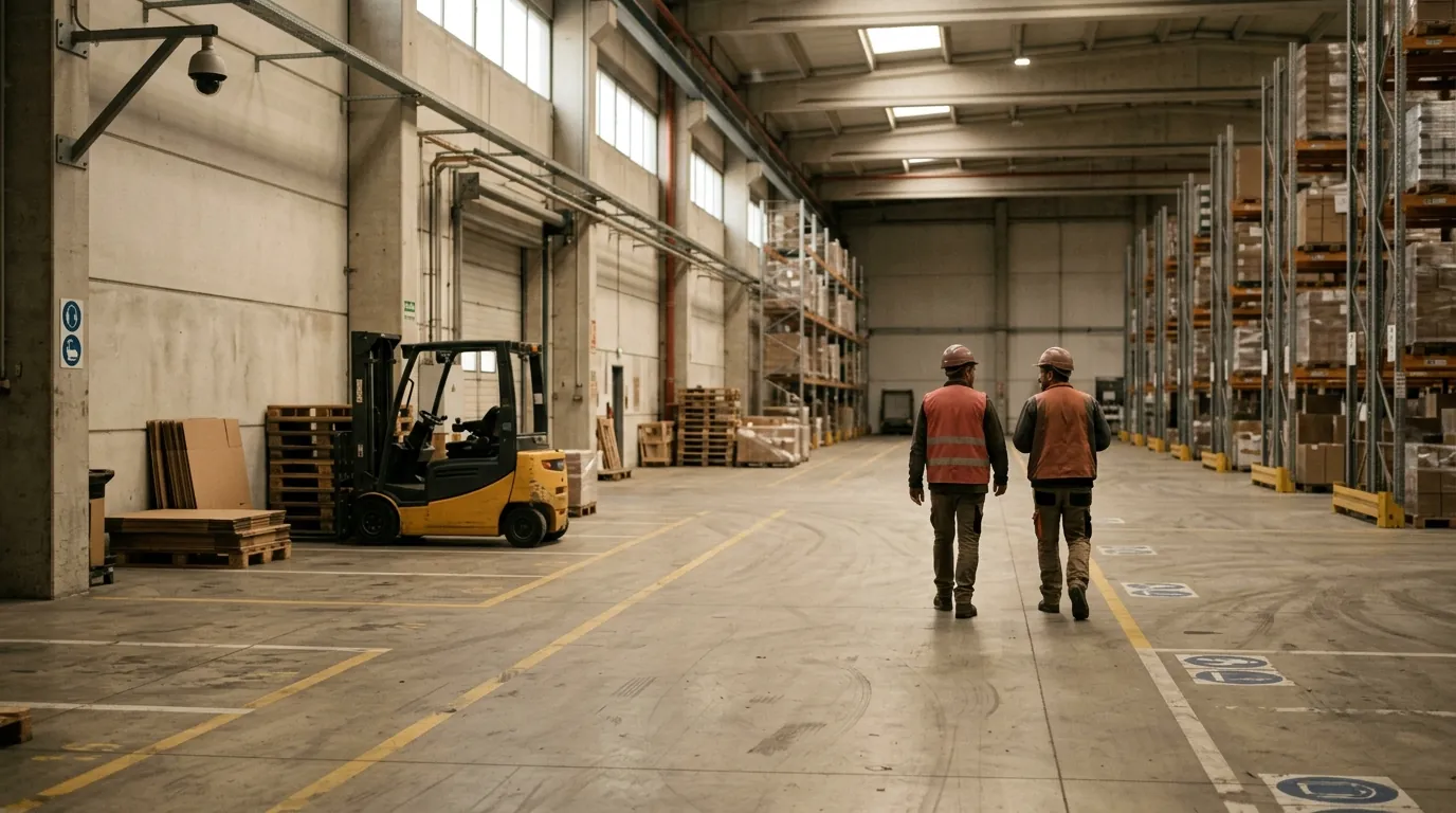 A wide distribution-centre floor with painted lanes, two workers in hi-vis at a distance and a CCTV camera in the top corner.