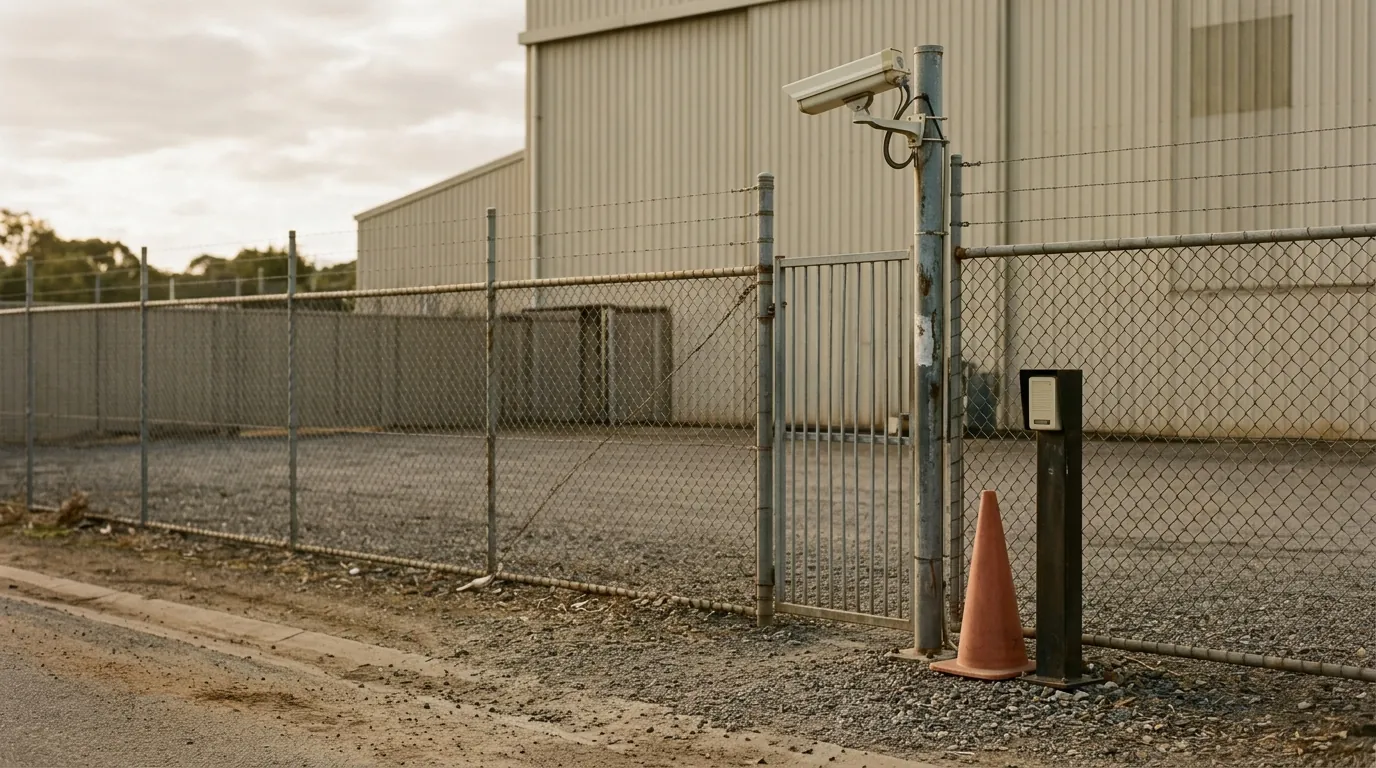 A warehouse perimeter fence and gate with a badge-reader post and a security camera on a pole, late-afternoon light.