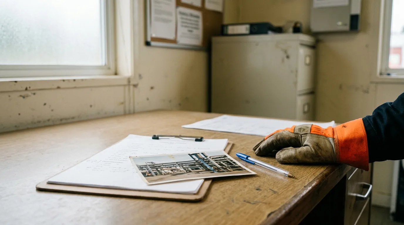 A site-office desk with a printed incident photograph, a clipboard and a pen in soft window light.