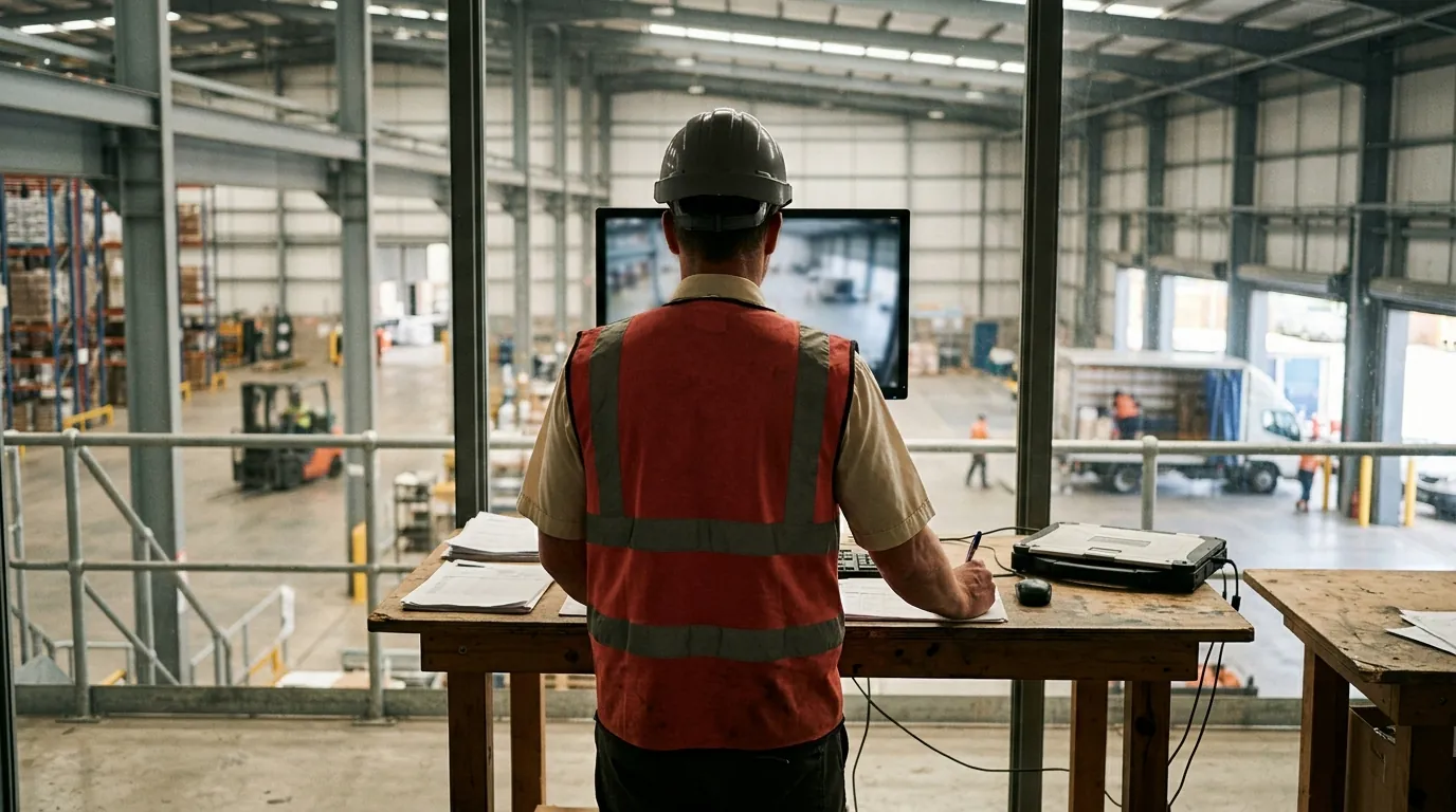 A site supervisor on a mezzanine reviews a paused camera frame of a loading bay on a monitor, the warehouse floor visible beyond the glass.