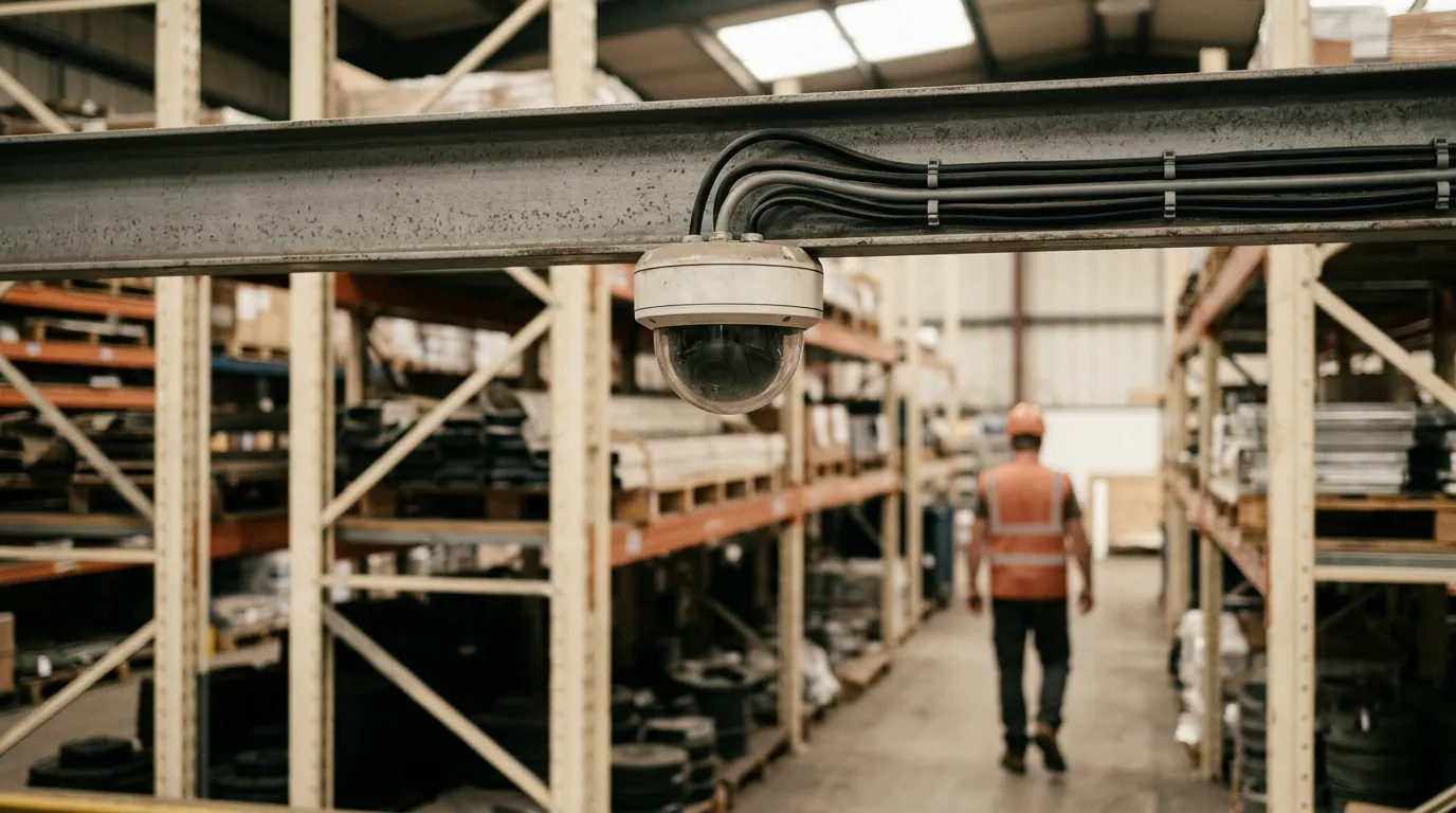 An existing dome CCTV camera mounted on a steel beam in a warehouse, racking blurred behind it.