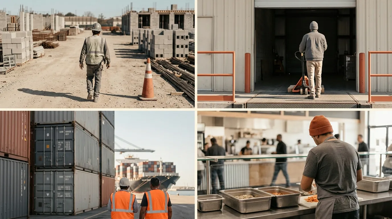 Four panels: a construction site, a warehouse dock, a container quay and a food-processing hall.