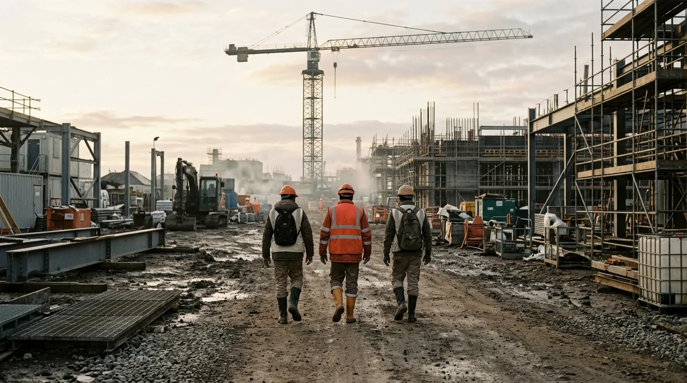 A construction site at dawn with scaffolding and a tower crane; three workers in hard hats and hi-vis walk toward the work.