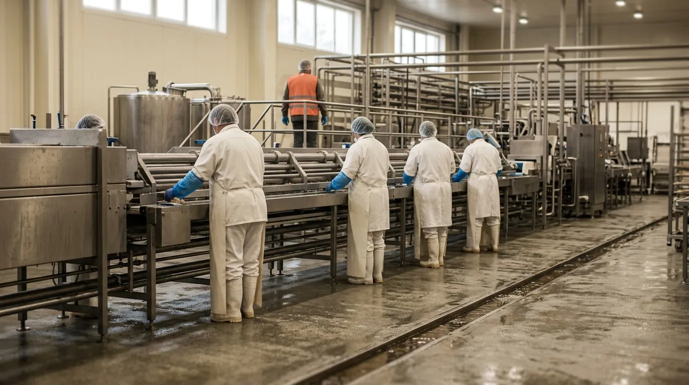 A food-processing hall with stainless-steel lines and workers in white coats, hairnets and blue gloves seen from behind.