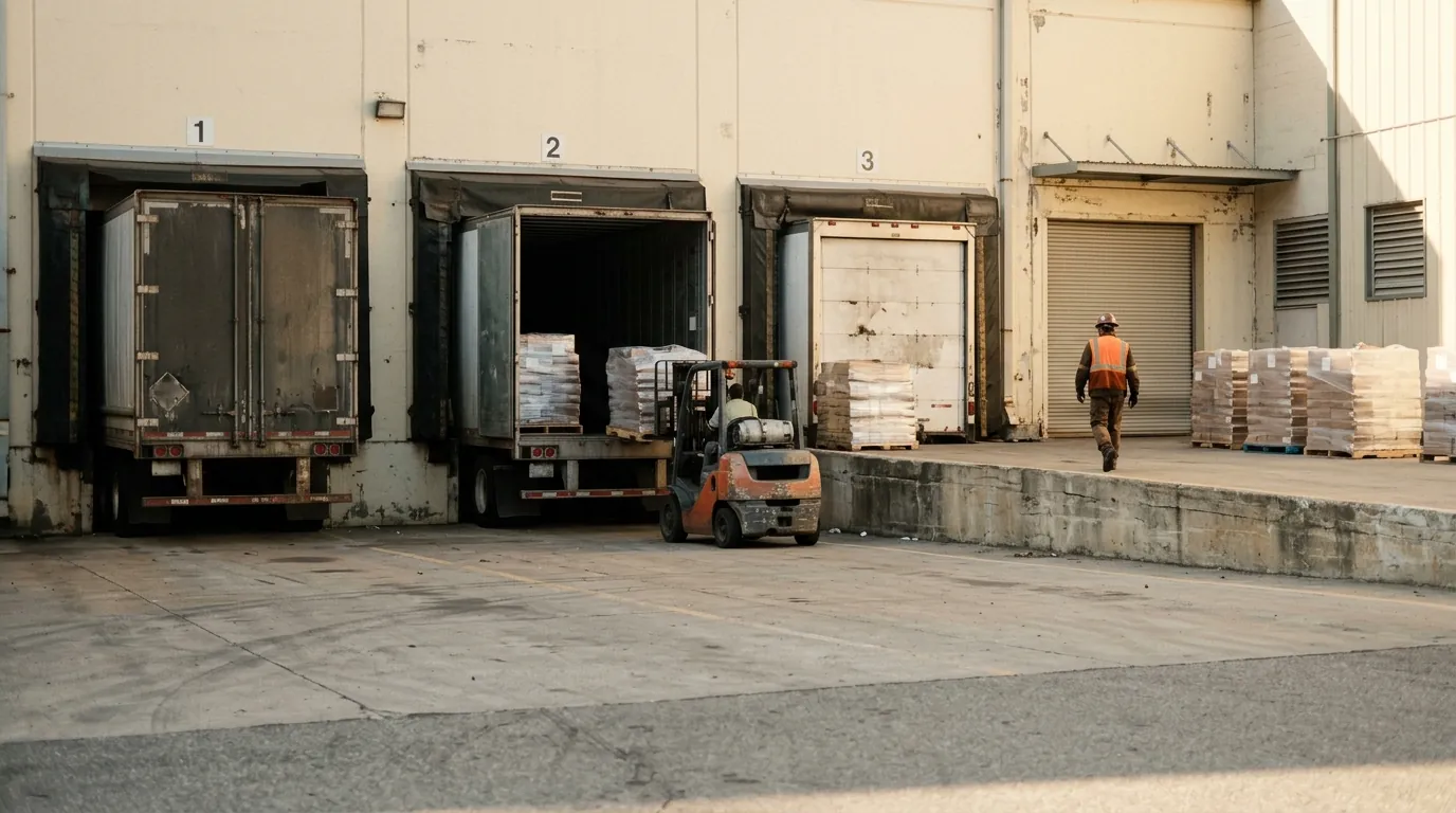 A loading dock with open bays, trailers backed in, wrapped pallets and a forklift mid-bay.