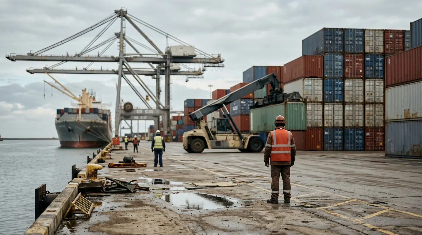 A container terminal quayside with stacked containers, a ship-to-shore crane and a reach stacker under a grey sky.