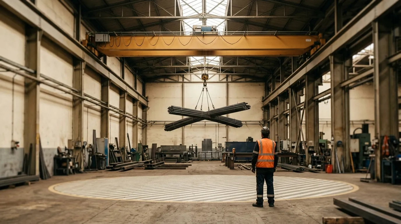 An overhead gantry crane carrying a steel load, a painted safety radius on the floor below and one worker standing outside the line.