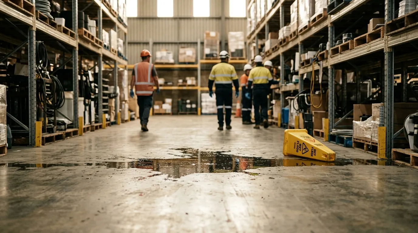 Spilled liquid on a polished warehouse aisle reflecting the overhead lights, a wet-floor cone lying to one side.