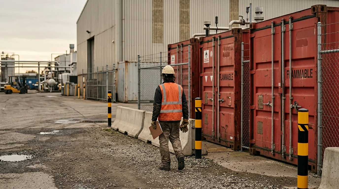 Red flammable-materials cabinets outside a store with hazard-striped bollards under an overcast sky.