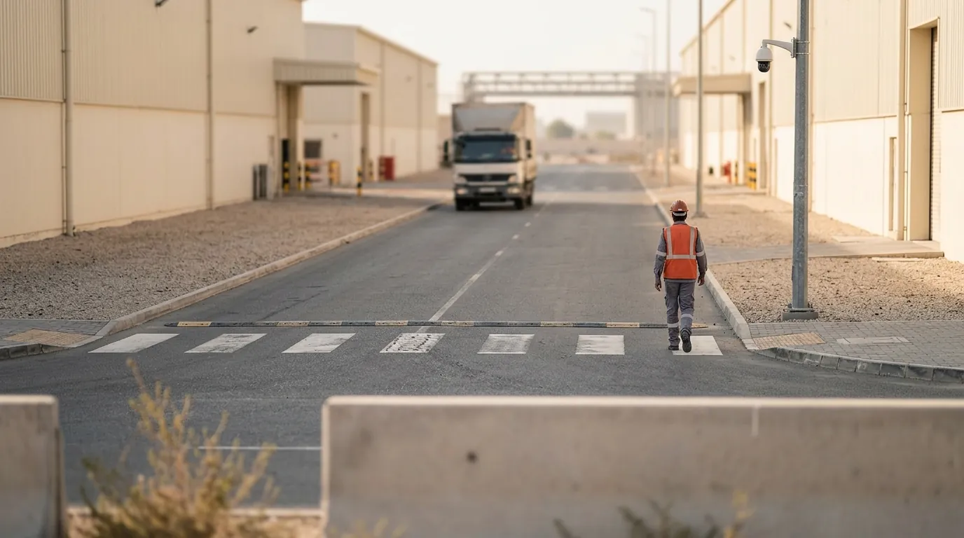 A yard road inside a logistics site with a painted crossing and speed hump, a truck approaching in soft motion blur.