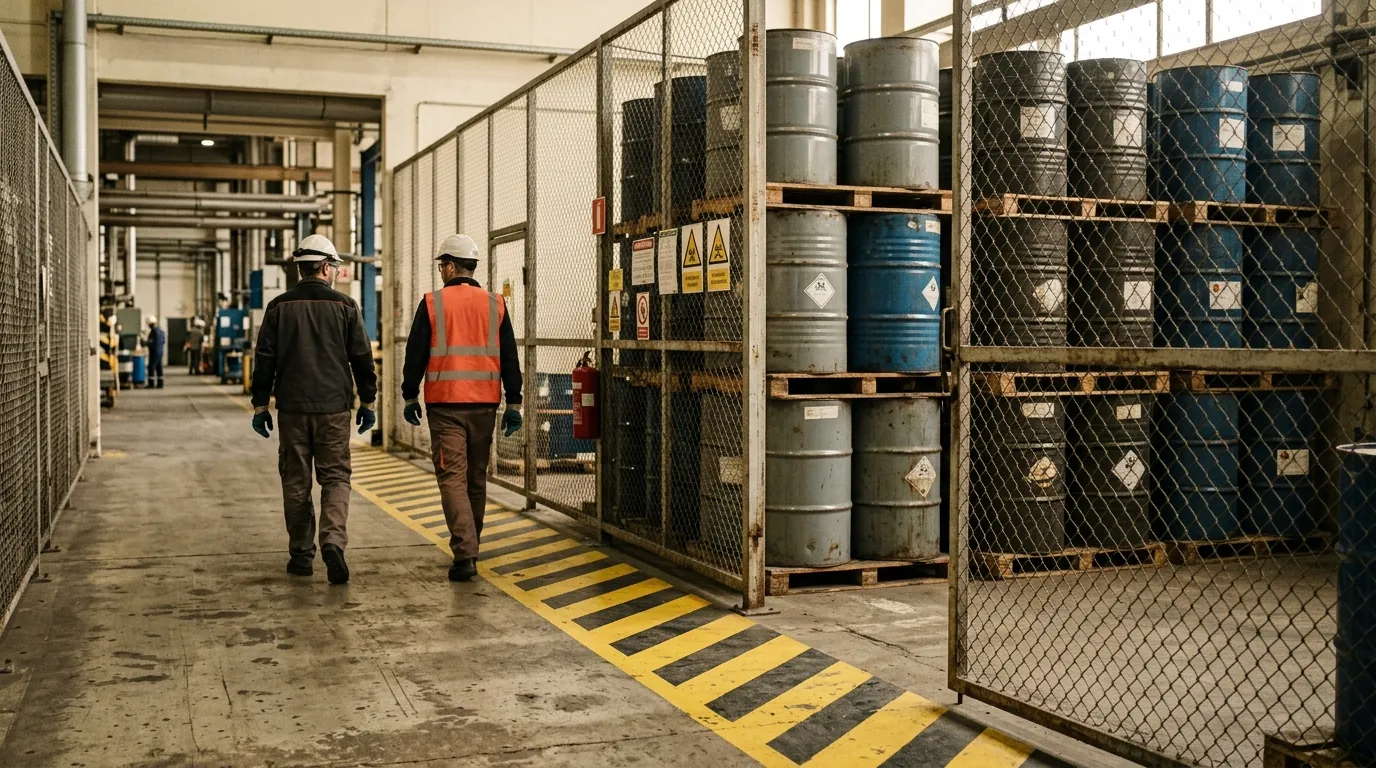 A restricted chemical store behind a yellow-and-black floor line and a half-open mesh gate, drums stacked inside.
