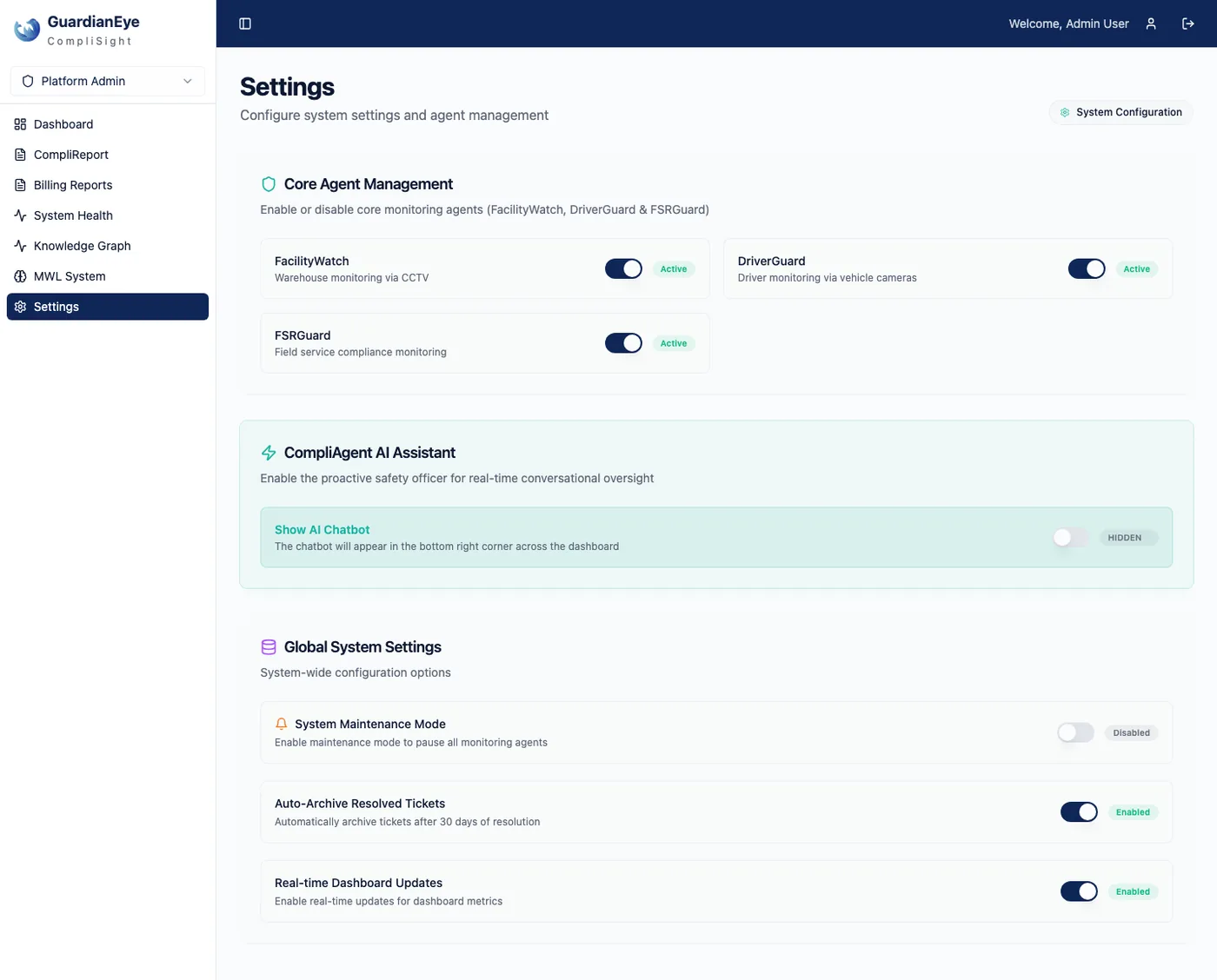 The Settings screen in CompliSight: FacilityWatch, DriverGuard and FSRGuard toggled on, CompliAgent shown or hidden, and global options for maintenance mode, auto-archiving and real-time updates.