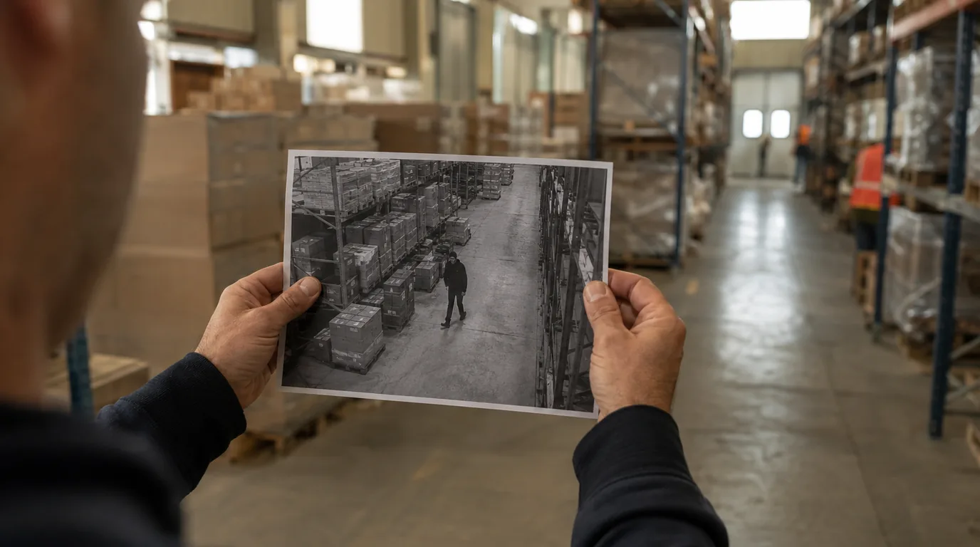 A supervisor holds a printed frame from a camera up against the real aisle it shows, checking that what the camera saw matches what is actually there.